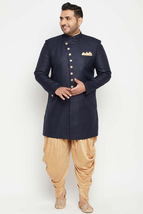 Buy Men's Silk Blend Solid Sherwani Set in Navy Blue - Front