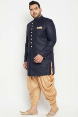 Buy Men's Silk Blend Solid Sherwani Set in Navy Blue - Side