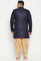 Buy Men's Silk Blend Solid Sherwani Set in Navy Blue - Back
