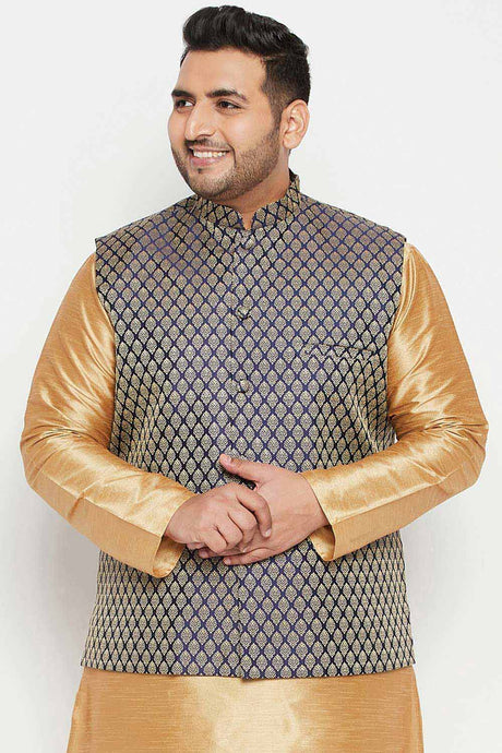 Buy Men's Silk Blend Woven Design Nehru Jacket in Blue - Front