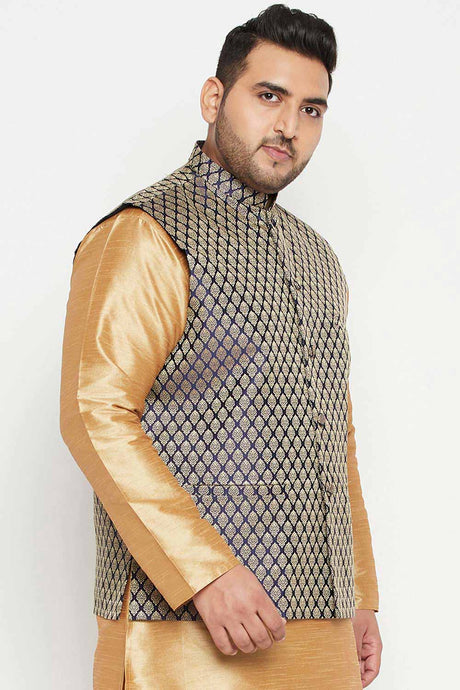 Buy Men's Silk Blend Woven Design Nehru Jacket in Blue - Side