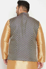 Buy Men's Silk Blend Woven Design Nehru Jacket in Blue - Back