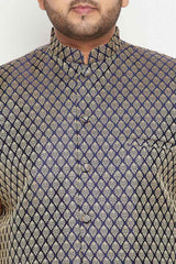 Buy Men's Silk Blend Woven Design Nehru Jacket in Blue - Zoom in