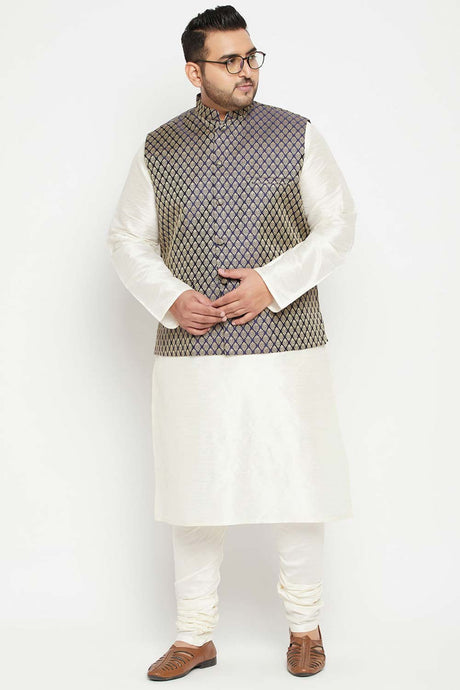 Buy Men's Silk Blend Woven Design Kurta Set in Cream - Front