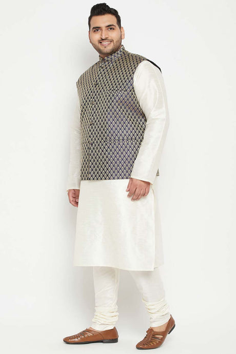 Buy Men's Silk Blend Woven Design Kurta Set in Cream - Side
