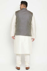 Buy Men's Silk Blend Woven Design Kurta Set in Cream - Back