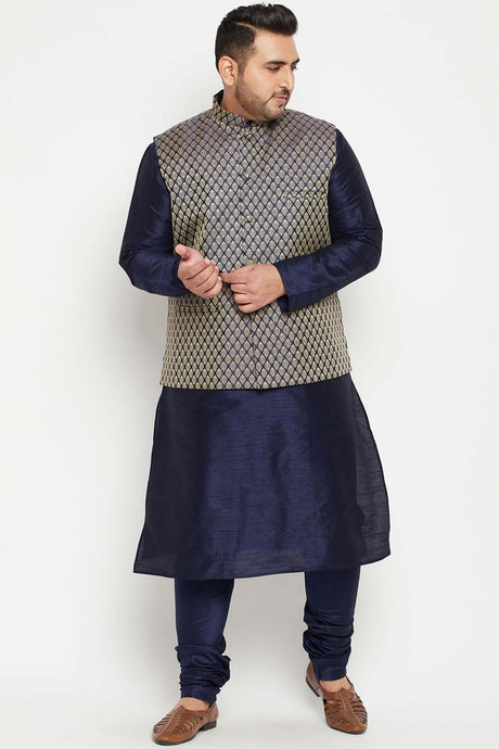 Buy Men's Silk Blend Woven Design Kurta Set in Navy Blue - Front