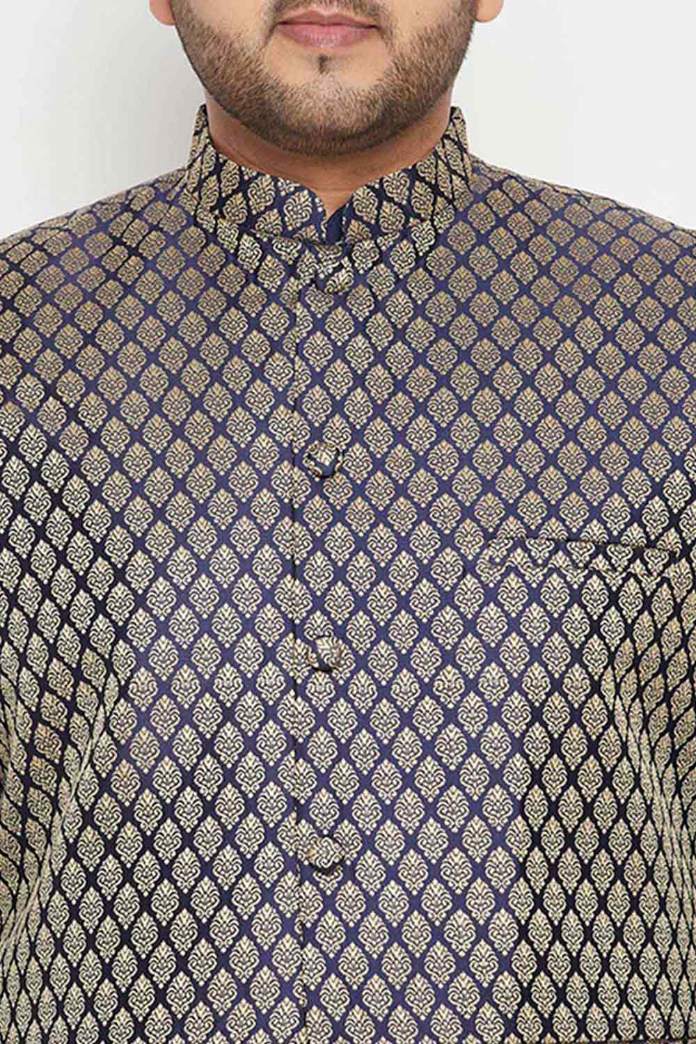Buy Men's Silk Blend Woven Design Kurta Set in Navy Blue - Zoom in