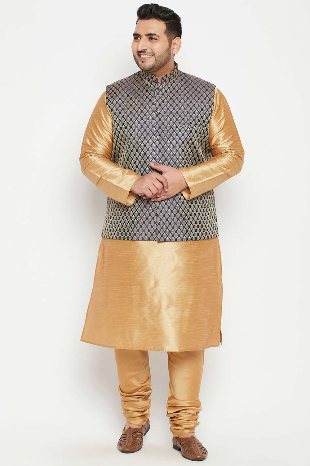 Buy Men's Silk Blend Woven Design Kurta Set in Rose Gold - Front