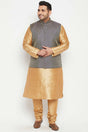 Buy Men's Silk Blend Woven Design Kurta Set in Rose Gold - Front