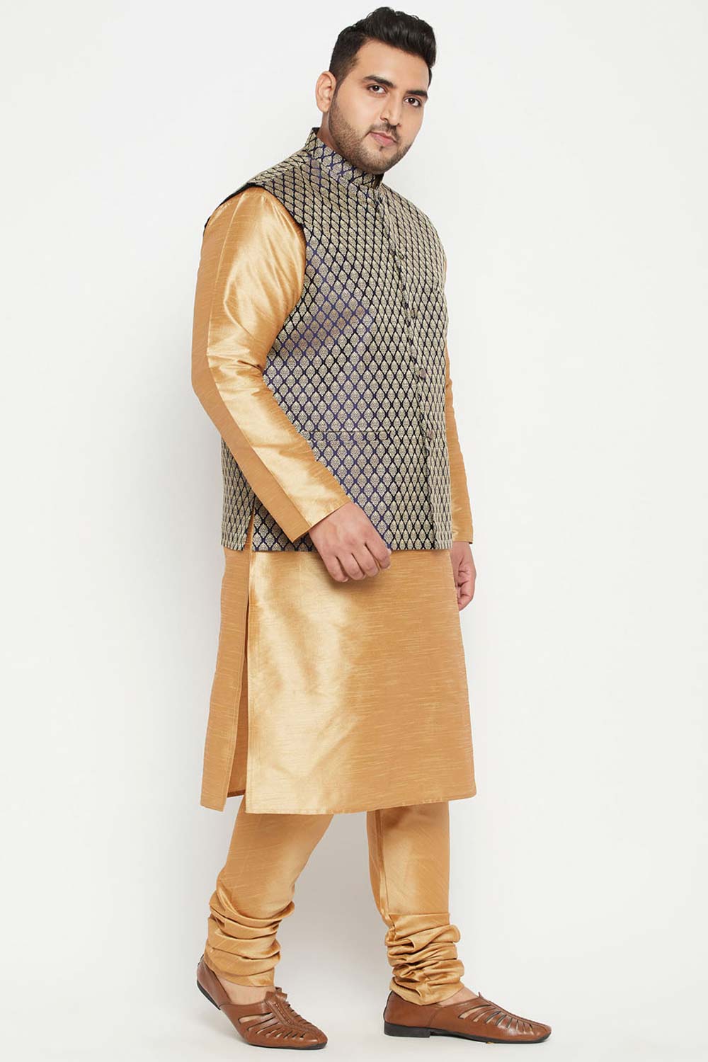 Buy Men's Silk Blend Woven Design Kurta Set in Rose Gold - Side