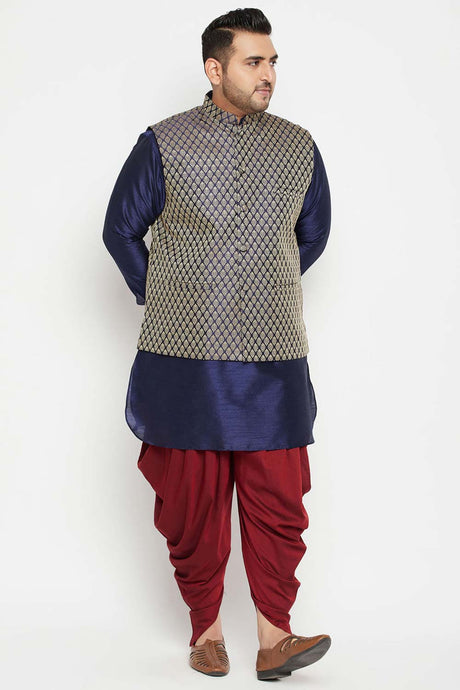 Buy Men's Silk Blend Woven Design Kurta Set in Navy Blue - Front