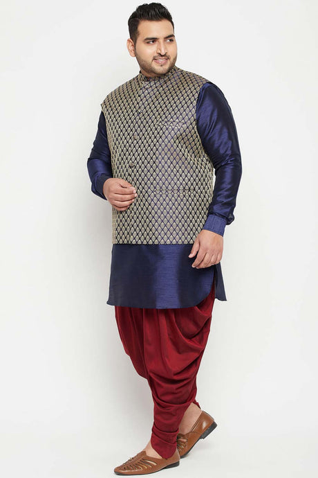 Buy Men's Silk Blend Woven Design Kurta Set in Navy Blue - Side