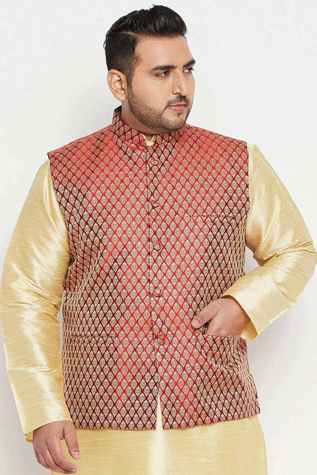Buy Men's Silk Blend Woven Design Nehru Jacket in Maroon - Front