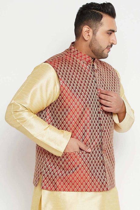 Buy Men's Silk Blend Woven Design Nehru Jacket in Maroon - Side