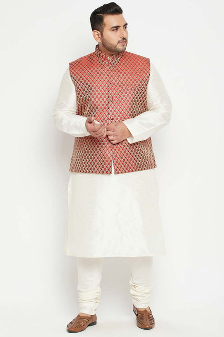 Buy Men's Silk Blend Woven Design Kurta Set in Cream - Front