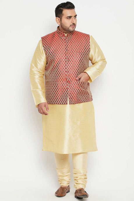 Buy Men's Silk Blend Woven Design Kurta Set in Gold - Front