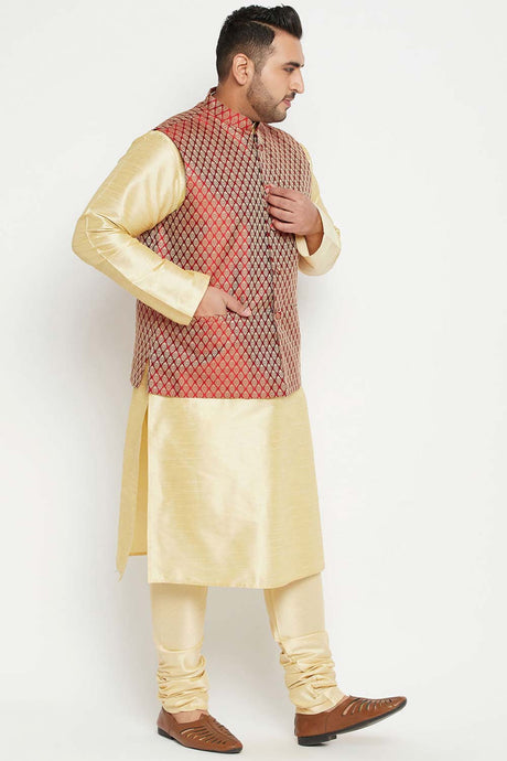 Buy Men's Silk Blend Woven Design Kurta Set in Gold - Side