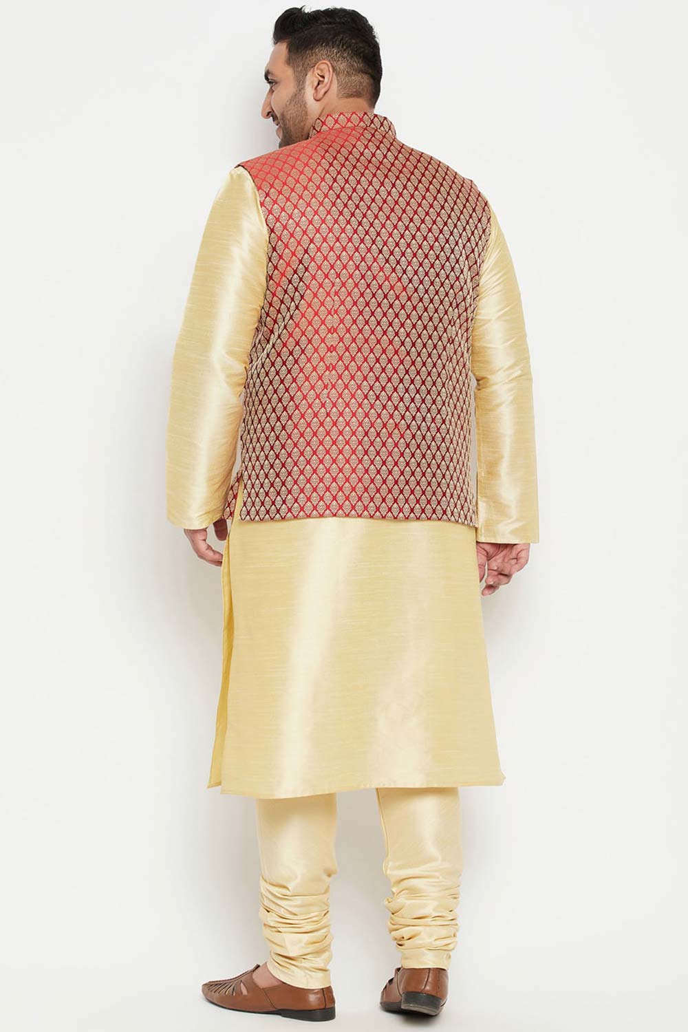 Buy Men's Silk Blend Woven Design Kurta Set in Gold - Back