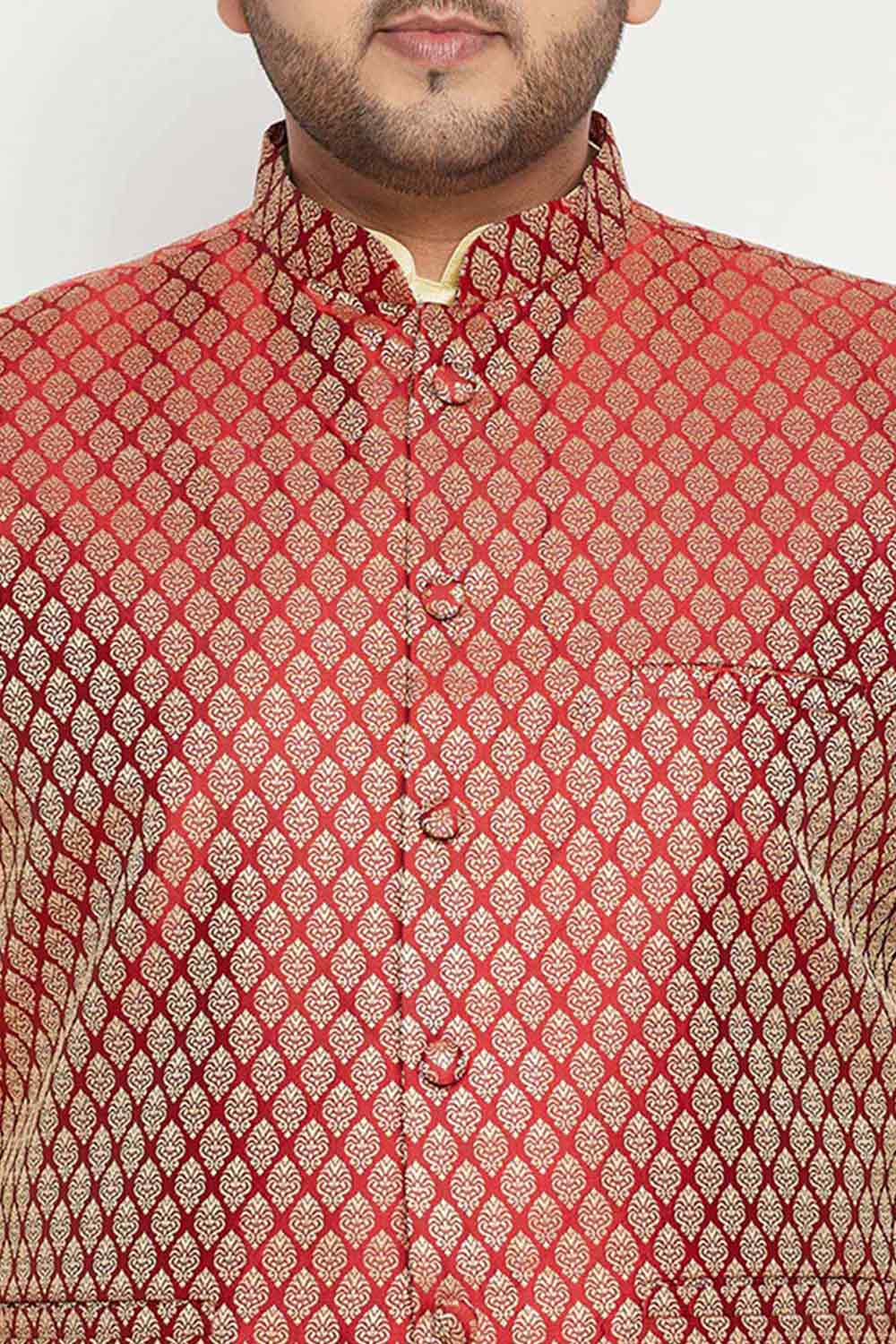 Buy Men's Silk Blend Woven Design Kurta Set in Gold - Zoom in