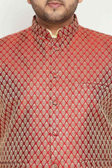 Buy Men's Silk Blend Woven Design Kurta Set in Gold - Zoom in