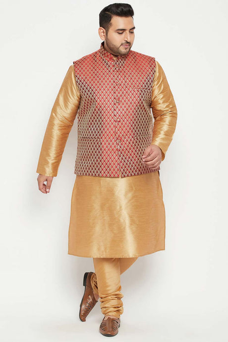 Buy Men's Silk Blend Woven Design Kurta Set in Rose Gold - Front