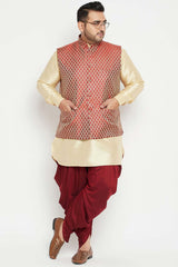 Buy Men's Silk Blend Woven Design Kurta Set in Gold - Front