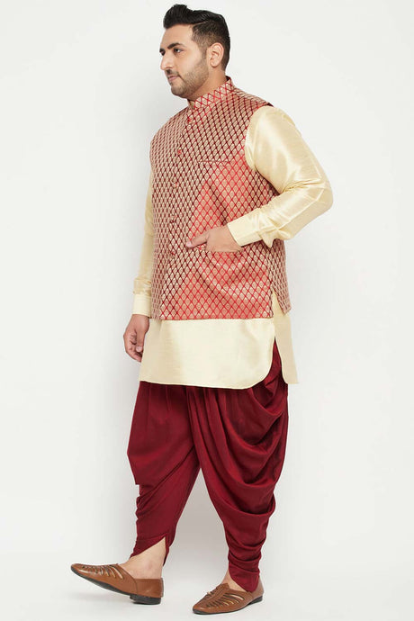 Buy Men's Silk Blend Woven Design Kurta Set in Gold - Side