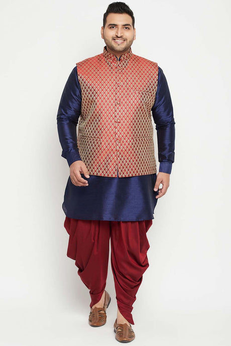 Buy Men's Silk Blend Woven Design Sherwani Set in Navy Blue - Front