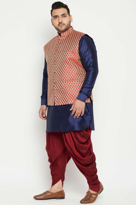 Buy Men's Silk Blend Woven Design Sherwani Set in Navy Blue - Side