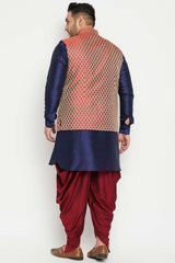 Buy Men's Silk Blend Woven Design Sherwani Set in Navy Blue - Back