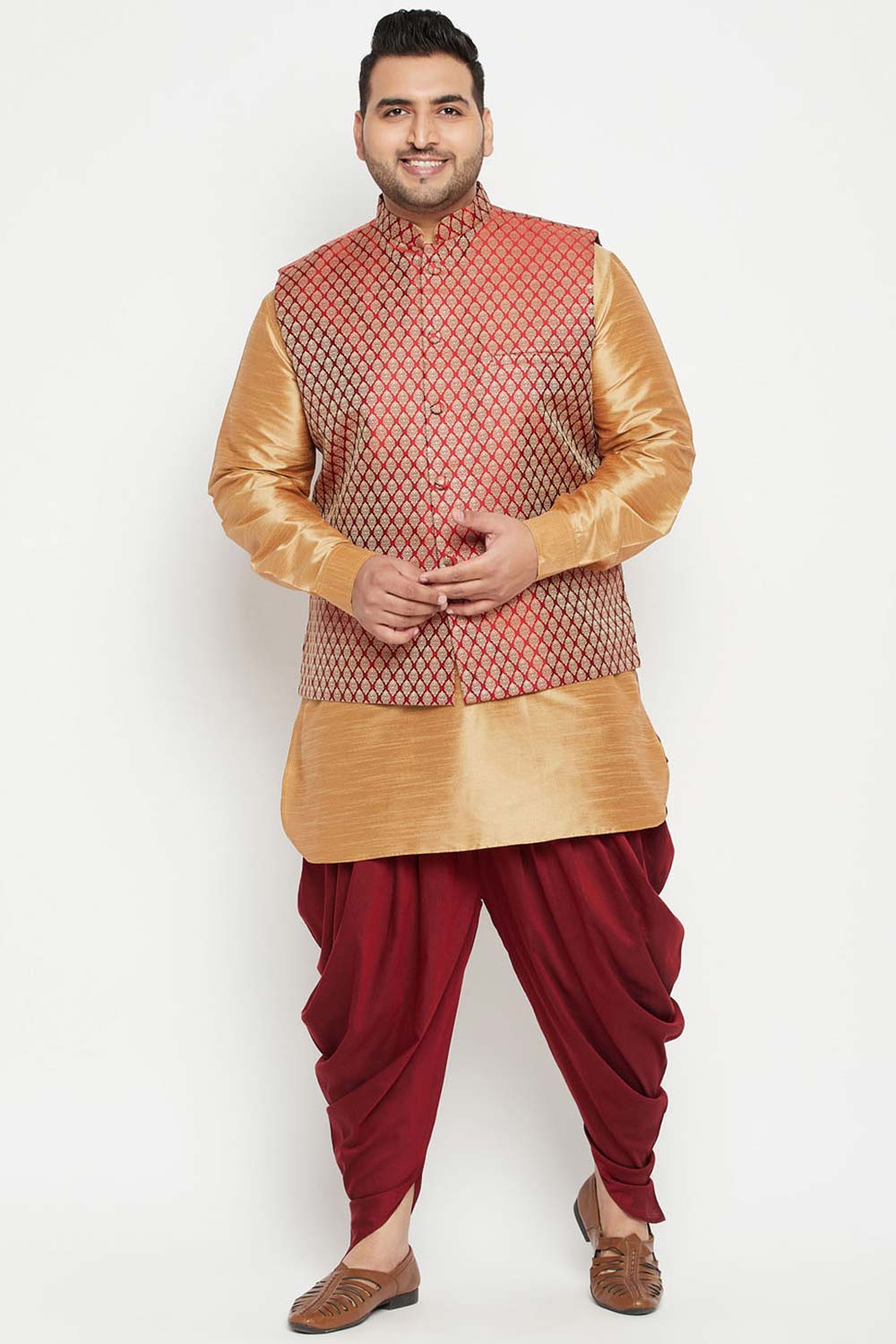 Buy Men's Silk Blend Woven Design Kurta Set in Rose Gold - Front