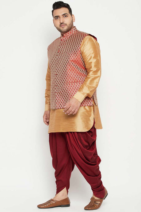 Buy Men's Silk Blend Woven Design Kurta Set in Rose Gold - Side