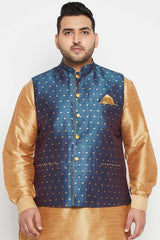 Buy Men's Silk Blend Woven Design Nehru Jacket in Blue - Front