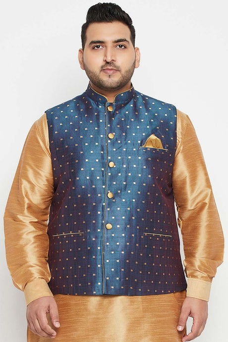 Buy Men's Silk Blend Woven Design Nehru Jacket in Blue - Front