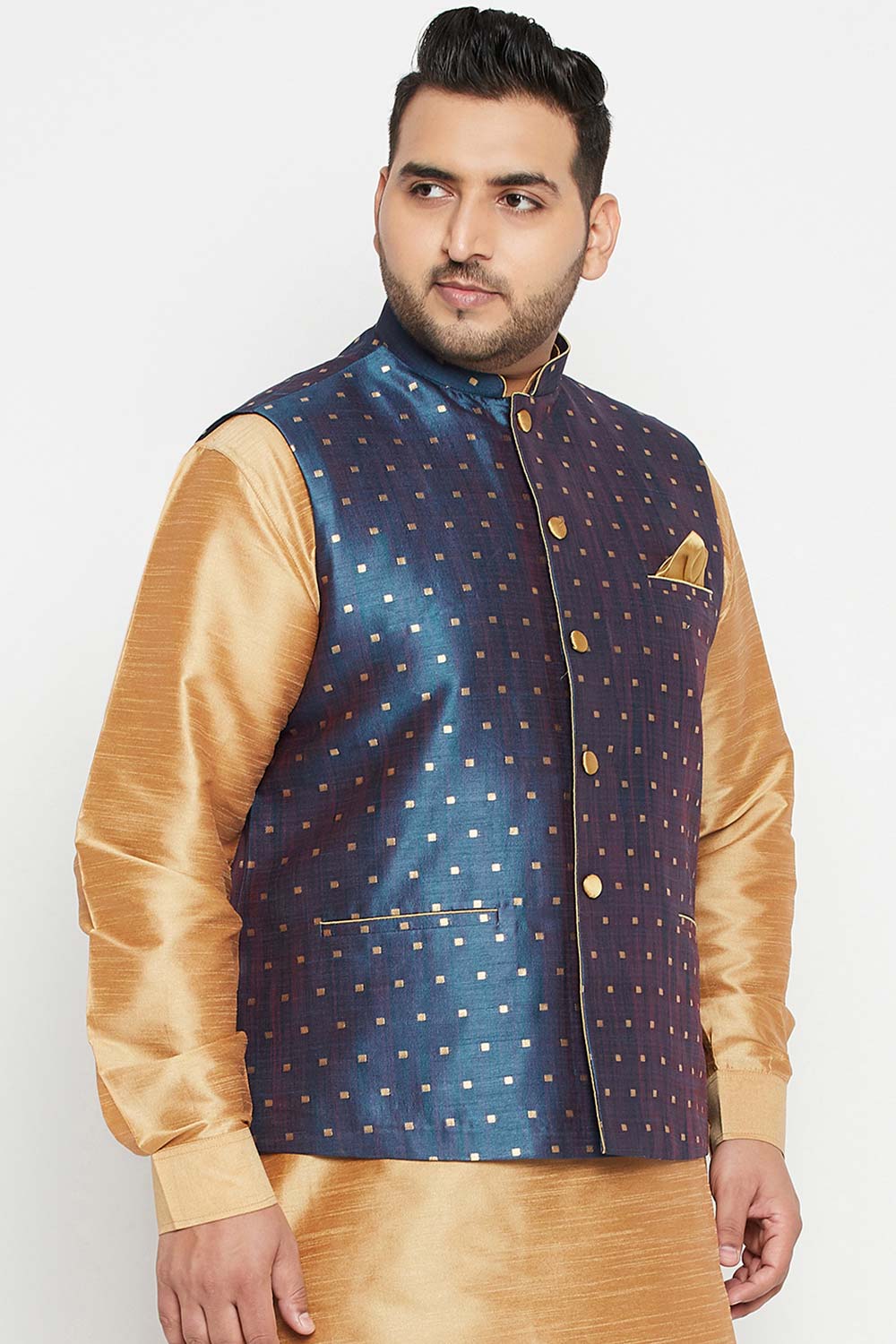 Buy Men's Silk Blend Woven Design Nehru Jacket in Blue - Side