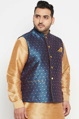 Buy Men's Silk Blend Woven Design Nehru Jacket in Blue - Side