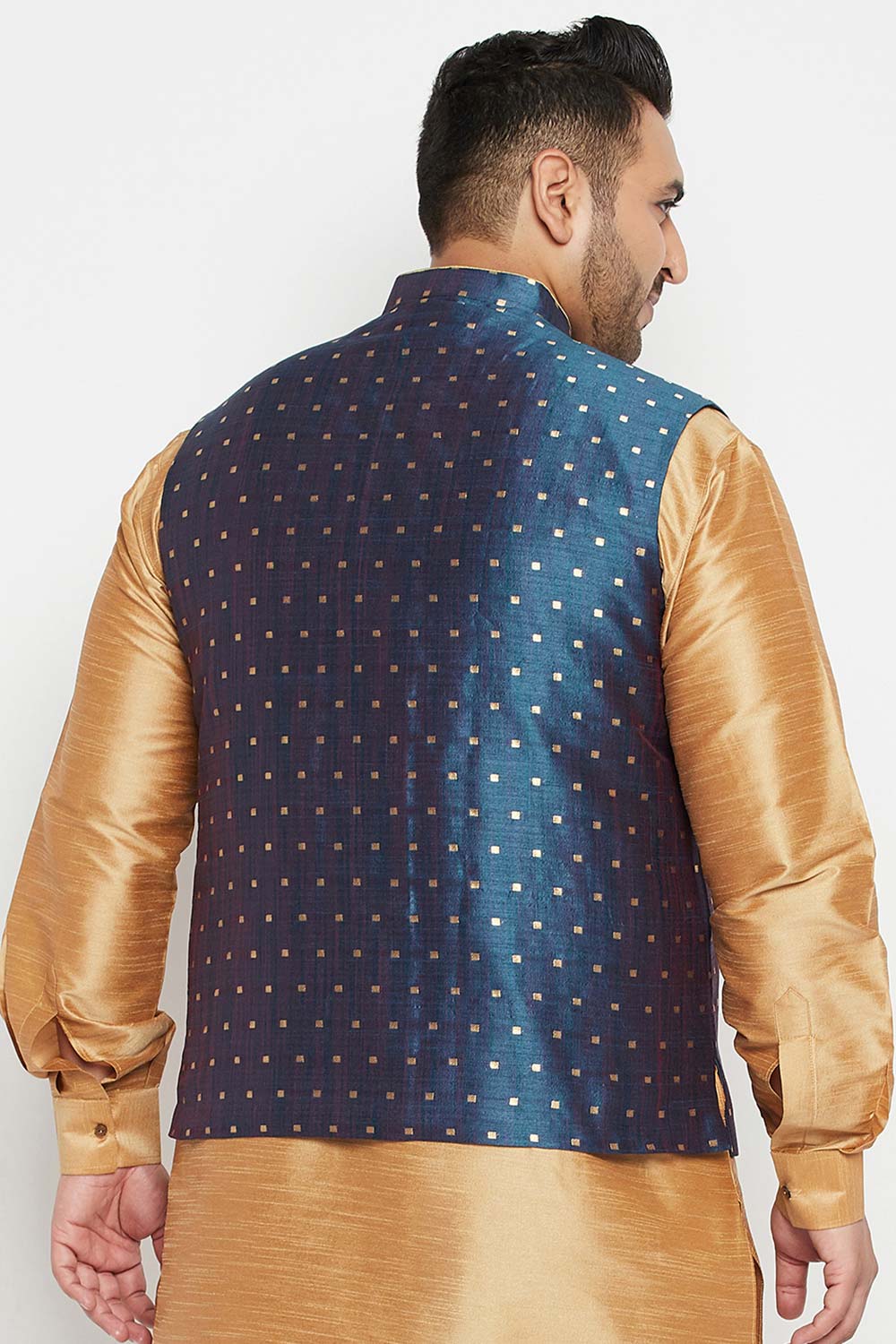 Buy Men's Silk Blend Woven Design Nehru Jacket in Blue - Back