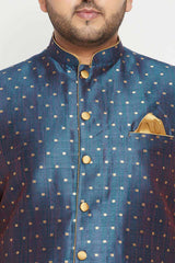 Buy Men's Silk Blend Woven Design Nehru Jacket in Blue - Zoom in