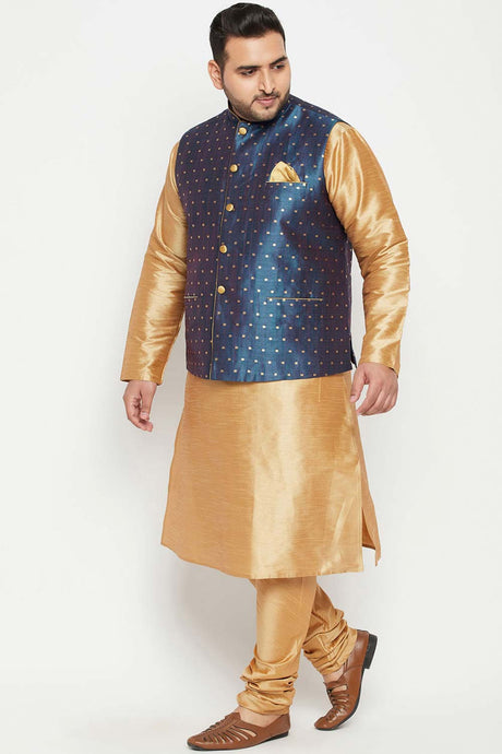 Buy Men's Silk Blend Woven Design Kurta Set in Rose Gold - Side