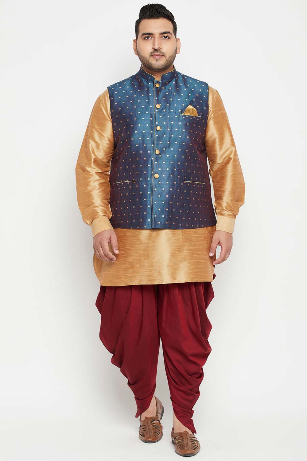 Buy Men's Silk Blend Woven Design Kurta Set in Rose Gold - Front