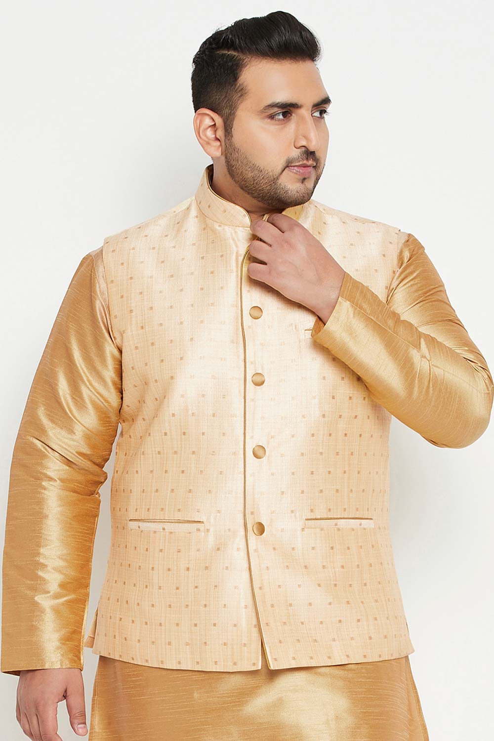 Buy Men's Silk Blend Woven Design Nehru Jacket in Gold - Front