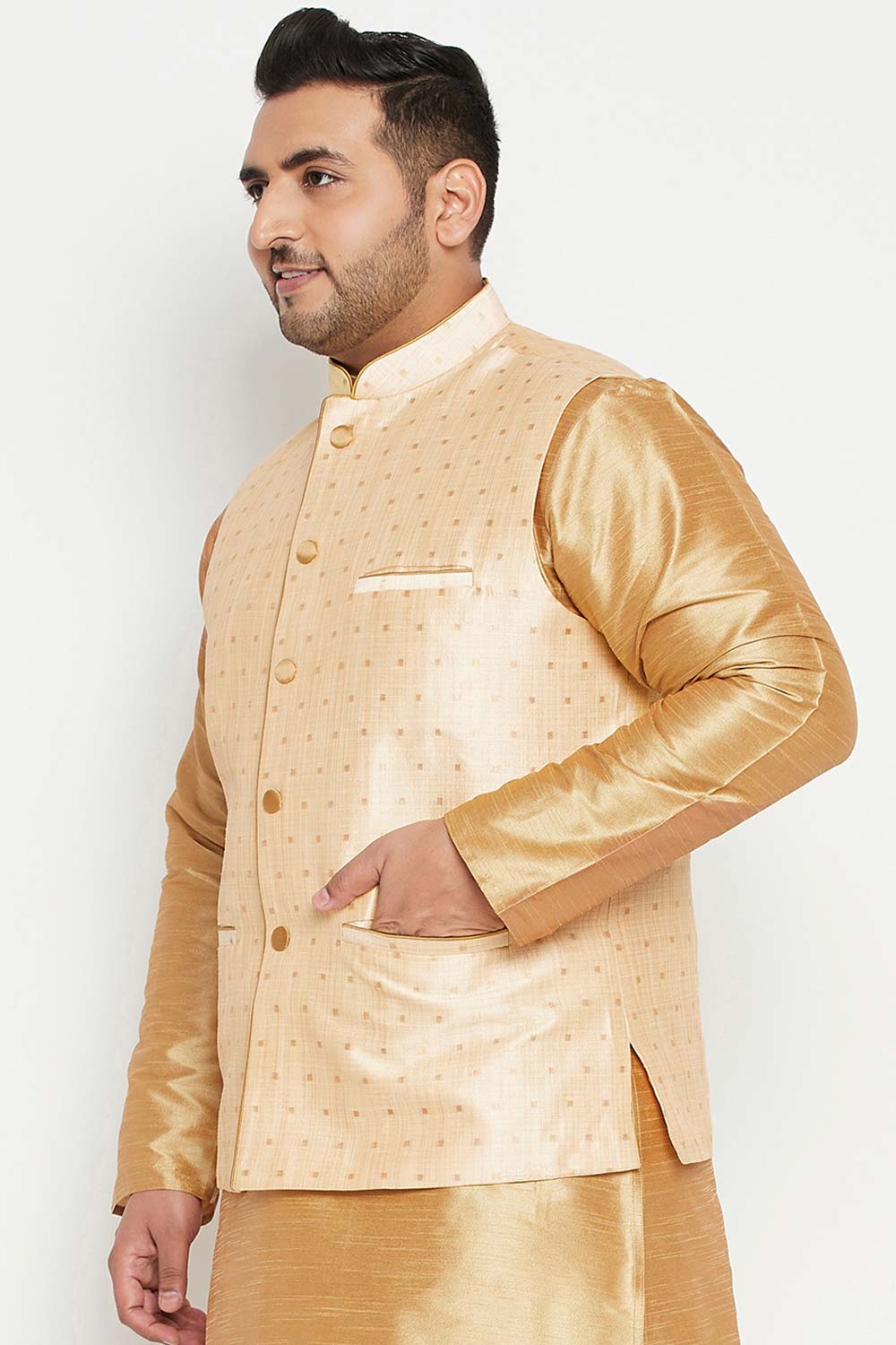 Buy Men's Silk Blend Woven Design Nehru Jacket in Gold - Side