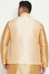 Buy Men's Silk Blend Woven Design Nehru Jacket in Gold - Back