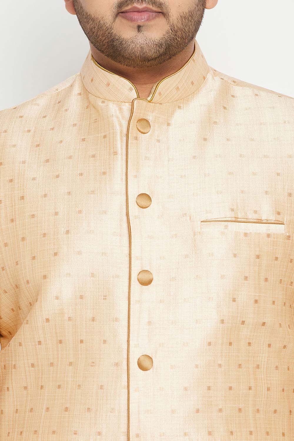Buy Men's Silk Blend Woven Design Nehru Jacket in Gold - Zoom in