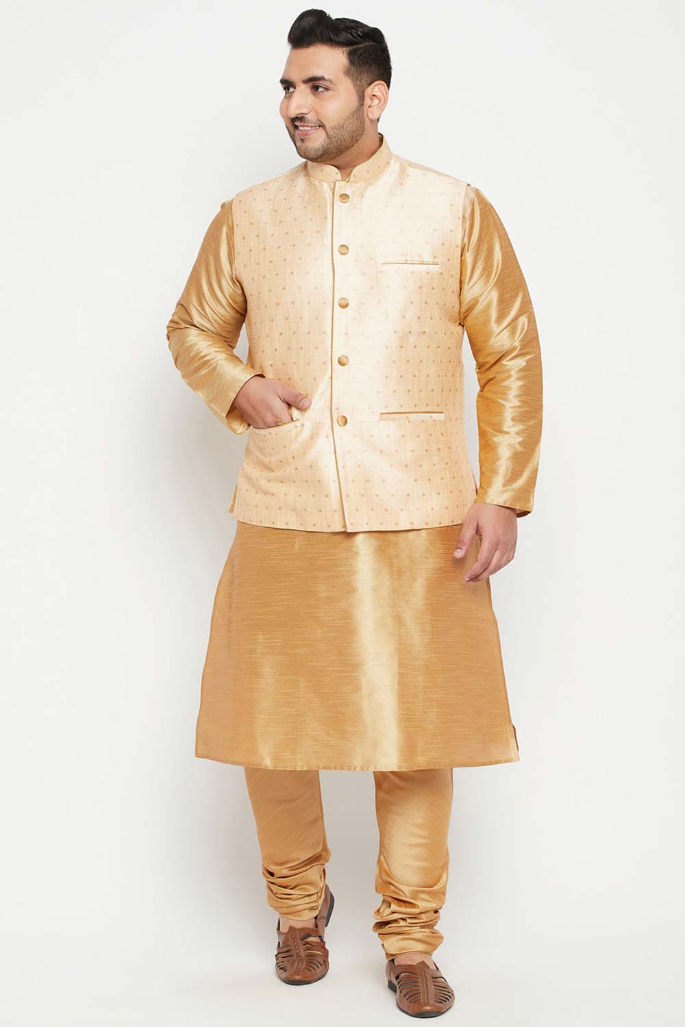 Buy Men's Silk Blend Woven Design Nehru Jacket in Gold - Zoom Out