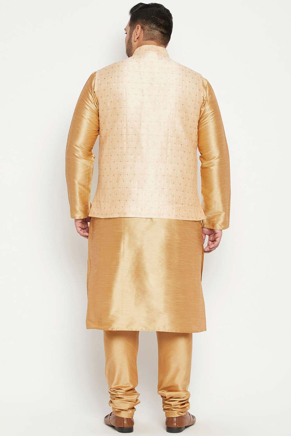 Buy Men's Silk Blend Woven Design Kurta Set in Rose Gold - Back