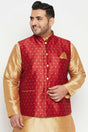 Buy Men's Silk Blend Woven Design Nehru Jacket in Maroon - Front