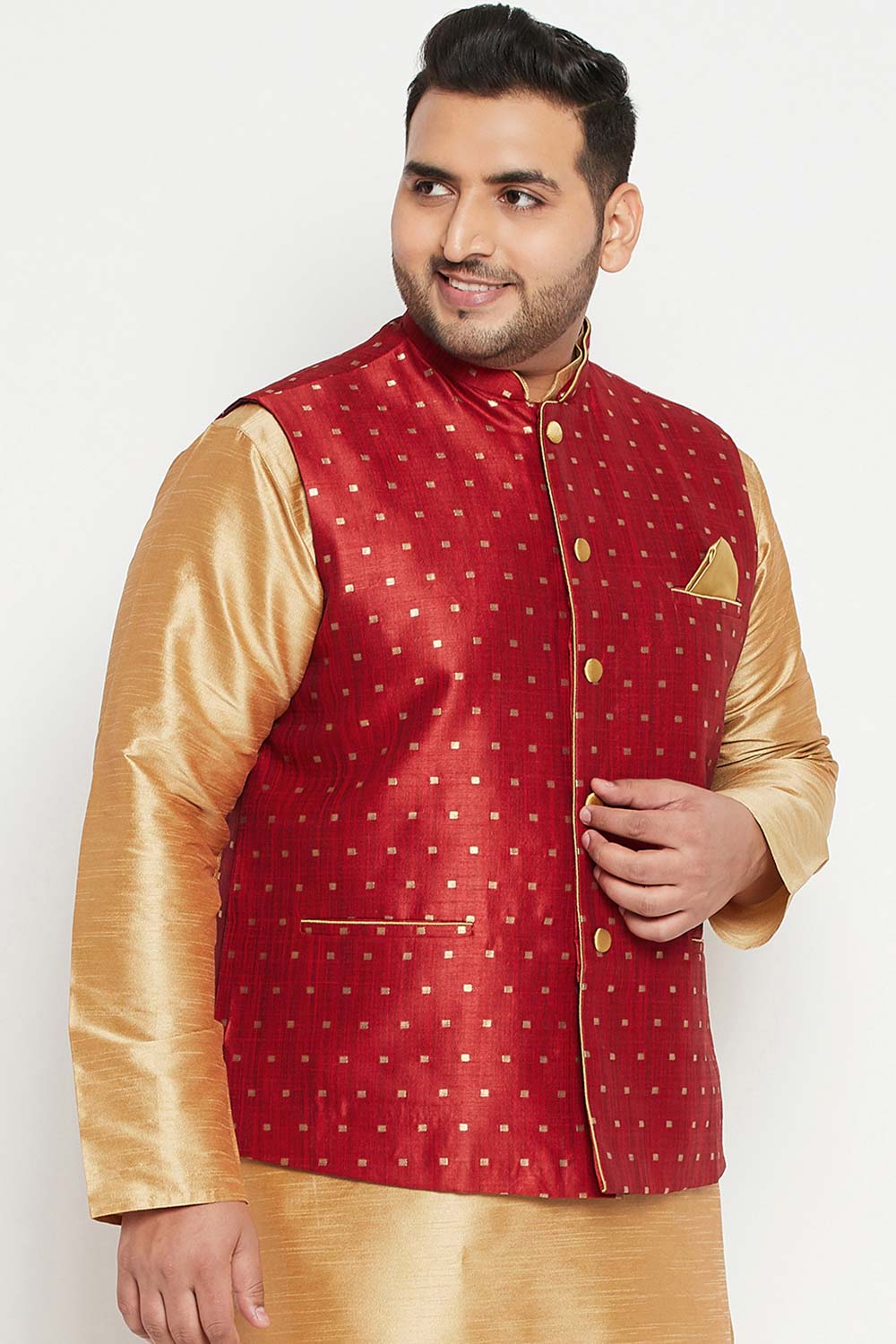 Buy Men's Silk Blend Woven Design Nehru Jacket in Maroon - Side