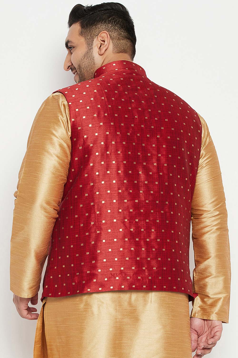 Buy Men's Silk Blend Woven Design Nehru Jacket in Maroon - Back